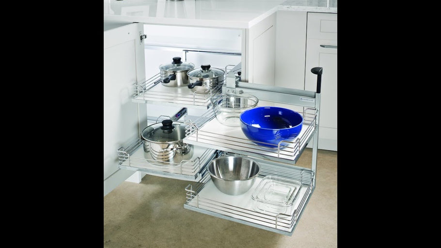 This is a demonstration of the Hafele Magic Corner II corner cabinet storage solution.
