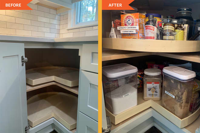 This $12 Wedge Organizer Is the Storage Solution for My Awkward Corner Cabinet