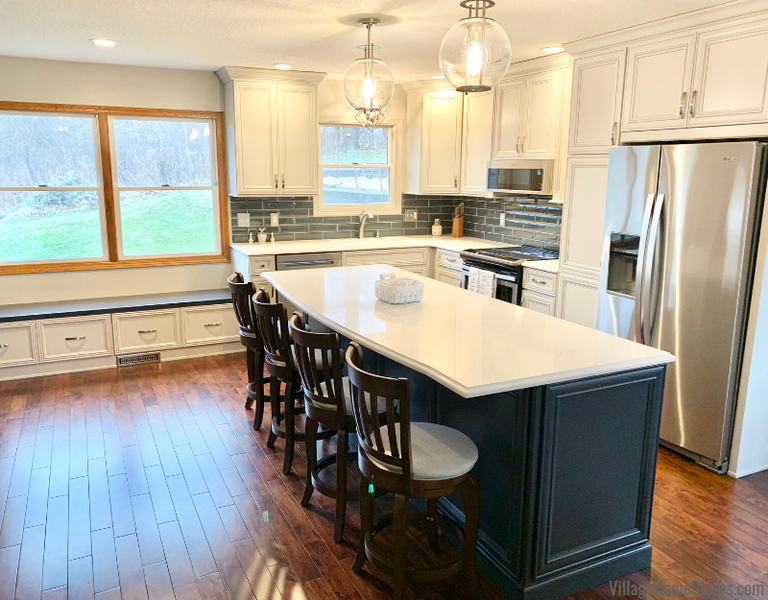 Rock Island Kitchen Remodel With Blue Accent Island