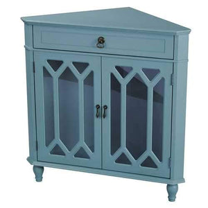 1-Drawer, 2-Door Corner Cabinet W/Hexagonal Glass Inserts - Mdf, Wood Clear Glass In Turquoise