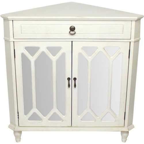 1-Drawer, 2-Door Corner Cabinet W/Hexagonal Mirror Inserts - Mdf, Wood Mirrored Glass In Antique White
