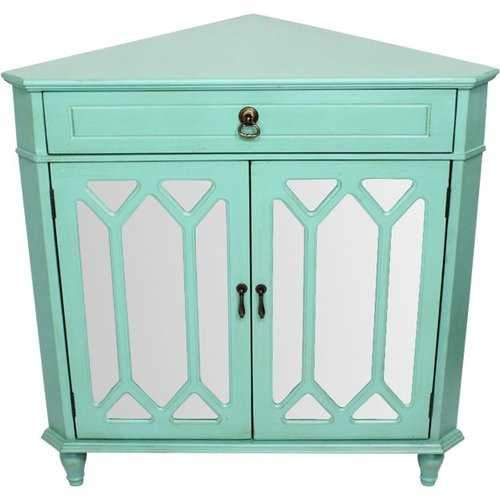 1-Drawer, 2-Door Corner Cabinet W/Hexagonal Mirror Inserts - Mdf, Wood Mirrored Glass In Turquoise