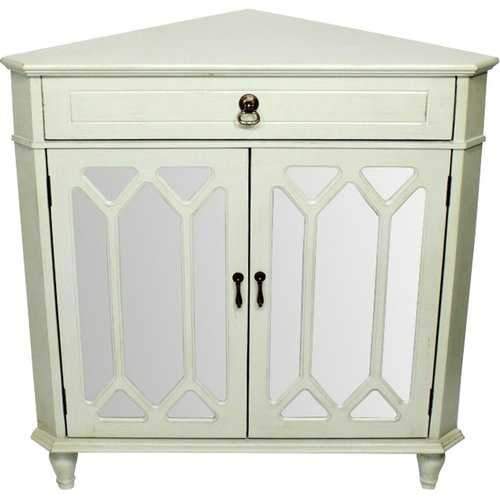 1-Drawer, 2-Door Corner Cabinet W/Hexagonal Mirror Inserts - Mdf, Wood Mirrored Glass In Light Sage