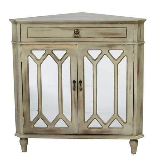 1-Drawer, 2-Door Corner Cabinet W/Hexagonal Mirror Inserts - Mdf, Wood Mirrored Glass In Taupe Wash