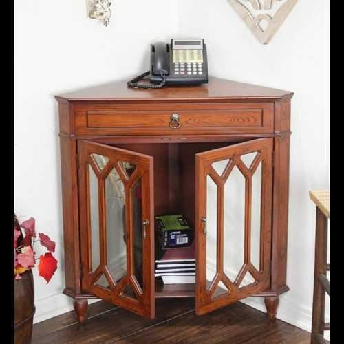 1-Drawer, 2-Door Corner Cabinet W/Hexagonal Mirror Inserts - Mdf, Wood Mirrored Glass In Mahogany Veneer