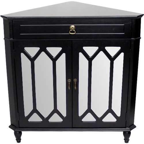 1-Drawer, 2-Door Corner Cabinet W/Hexagonal Mirror Inserts - Mdf, Wood Mirrored Glass In Black