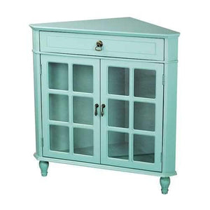 1-Drawer, 2-Door Corner Cabinet W/Paned Glass Inserts - Mdf, Wood Clear Glass In Turquoise