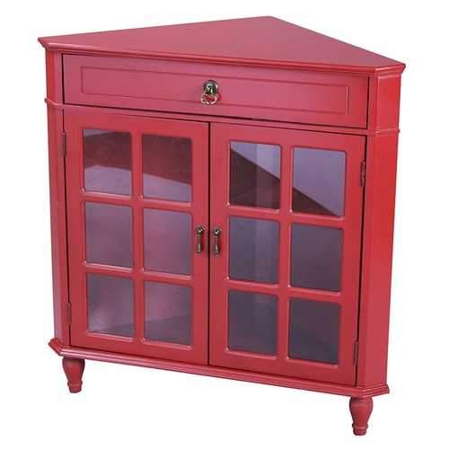 1-Drawer, 2-Door Corner Cabinet W/Paned Glass Inserts - Mdf, Wood Clear Glass In Red