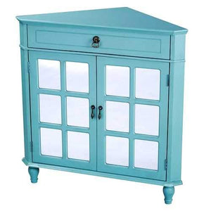 1-Drawer, 2-Door Corner Cabinet W/Paned Mirror Inserts - Mdf, Wood Mirrored Glass In Turquoise