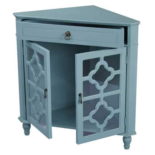 1-Drawer, 2-Door Corner Cabinet W/Quatrefoil Glass Inserts - Mdf, Wood Clear Glass In Turquoise
