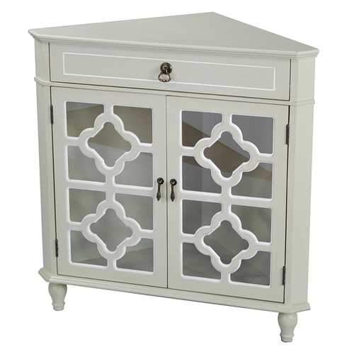 1-Drawer, 2-Door Corner Cabinet W/Quatrefoil Glass Inserts - Mdf, Wood Clear Glass In Beige