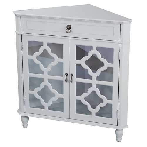 1-Drawer, 2-Door Corner Cabinet W/Quatrefoil Glass Inserts - Mdf, Wood Clear Glass In Light Sage