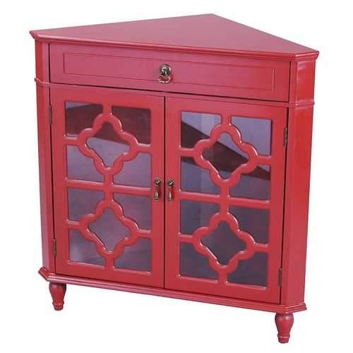 1-Drawer, 2-Door Corner Cabinet W/Quatrefoil Glass Inserts - Mdf, Wood Clear Glass In Red