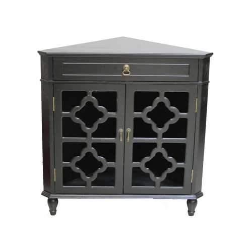 1-Drawer, 2-Door Corner Cabinet W/Quatrefoil Glass Inserts - Mdf, Wood Clear Glass