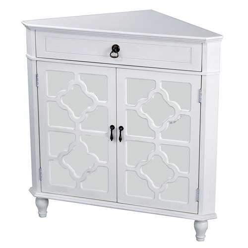 1-Drawer, 2-Door Corner Cabinet W/Quatrefoil Mirror Inserts - Mdf, Wood Mirrored Glass In Antique White