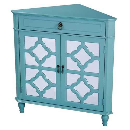 1-Drawer, 2-Door Corner Cabinet W/Quatrefoil Mirror Inserts - Mdf, Wood Mirrored Glass In Turquoise