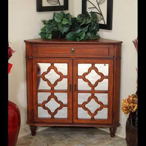 1-Drawer, 2-Door Corner Cabinet W/Quatrefoil Mirror Inserts - Mdf, Wood Mirrored Glass In Mahogany Veneer