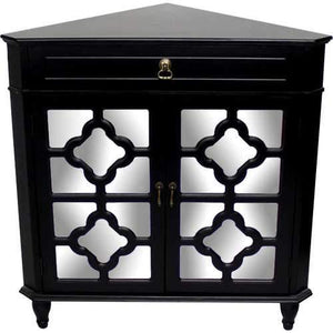 1-Drawer, 2-Door Corner Cabinet W/Quatrefoil Mirror Inserts - Mdf, Wood Mirrored Glass In Black
