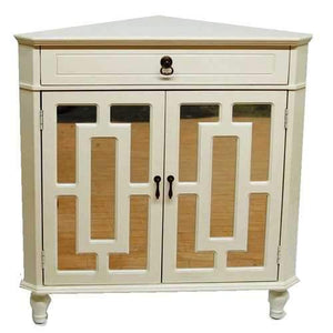 1-Drawer, 2-Door Corner Cabinet W/ Lattice Mirror Inserts - Mdf, Wood Mirrored Glass In Antique White