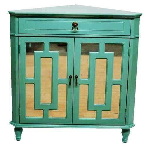 1-Drawer, 2-Door Corner Cabinet W/ Lattice Mirror Inserts - Mdf, Wood Mirrored Glass In Turquoise