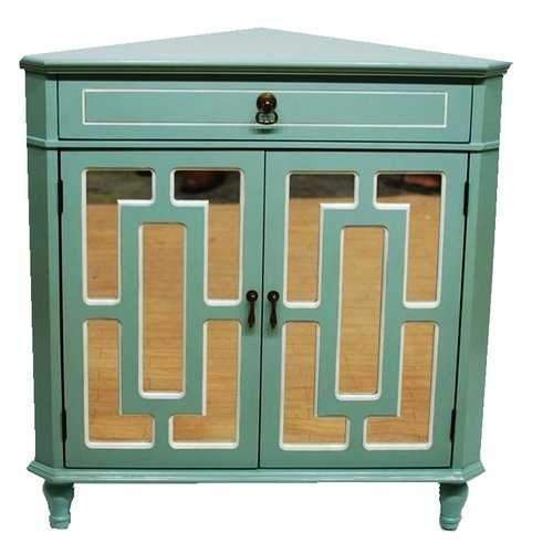 1-Drawer, 2-Door Corner Cabinet W/ Lattice Mirror Inserts - Mdf, Wood Mirrored Glass In Light Blue