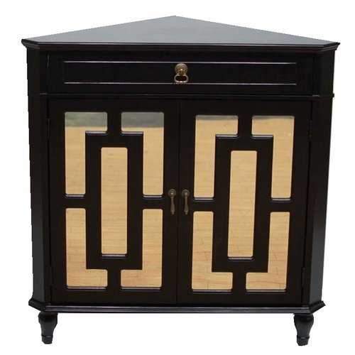 1-Drawer, 2-Door Corner Cabinet W/ Lattice Mirror Inserts - Mdf, Wood Mirrored Glass In Black