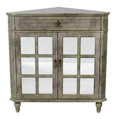 1-Drawer, 2-Door Corner Cabinet W/Paned Mirror Inserts - Mdf, Wood Mirrored Glass In Gray Wash