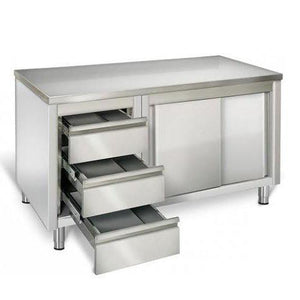Best seller  eq kitchen line stainless steel commercial prep work table sliding door storage cabinet and 3 drawers on right 64l x 28w x 38h
