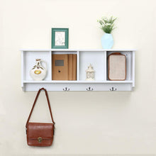 Load image into Gallery viewer, Budget love furniture floating shelf coat rack wall mounted cabinets hanging entryway shelf w 4 hooks storage cubbies organizer white