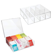 Load image into Gallery viewer, Try mdesign tea storage organizer box 8 divided sections easy view hinged lid use in kitchen pantry and cabinets holder for tea bags packets small items and accessories bpa free 2 pack clear