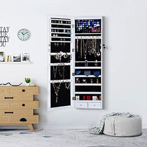 Top rated homevibes jewelry cabinet jewelry armoire 6 leds mirrored makeup lockable door wall mounted jewelry organizer hanging storage mirror with 2 drawers white