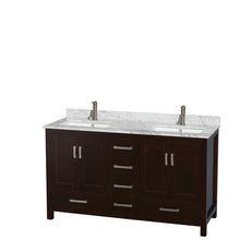 Load image into Gallery viewer, On amazon wyndham collection sheffield 60 inch double bathroom vanity in espresso white carrera marble countertop undermount square sinks and medicine cabinets