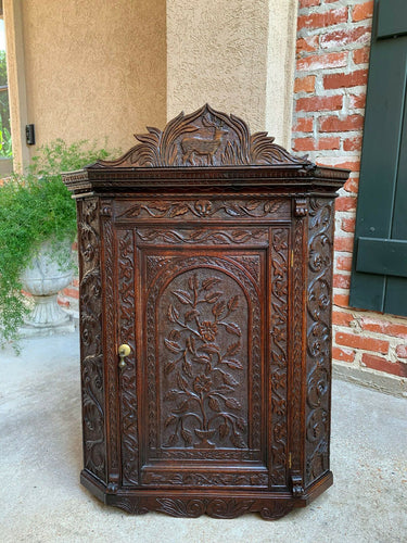Antique English Carved Oak Corner Cabinet Wall or Counter Victorian Stag Deer