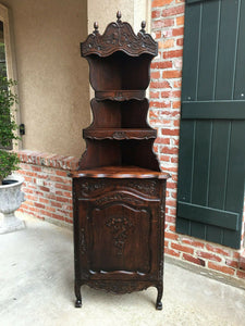 Antique French Country Carved Dark Oak CORNER CABINET Display Shelf Bookcase