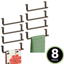 Load image into Gallery viewer, Organize with mdesign decorative metal kitchen over cabinet towel bar hang on inside or outside of doors storage and display rack for hand dish and tea towels 9 wide 8 pack bronze