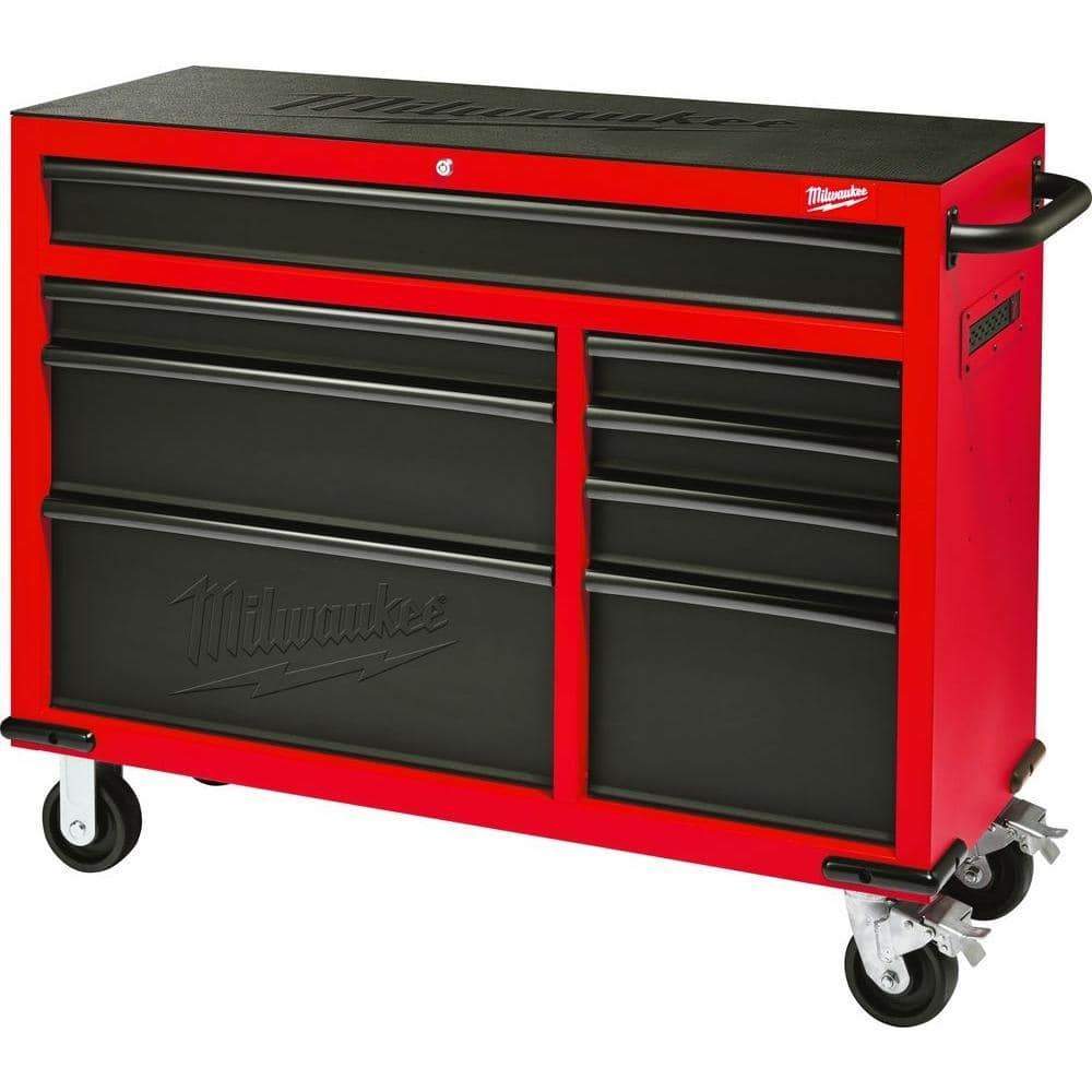 Products milwaukee heavy duty red black 46 in 8 drawer rolling steel storage cabinet contemporary hardware chest for your carpentry or construction tools like drills wrenches drivers battery packs