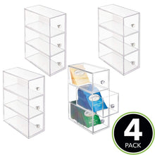 Load image into Gallery viewer, Storage mdesign plastic kitchen pantry cabinet countertop organizer storage station with 3 drawers for coffee tea sugar packets sweeteners creamers drink pods packets 4 pack clear