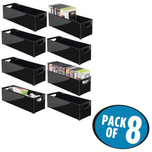 Load image into Gallery viewer, Budget friendly mdesign plastic stackable household storage organizer container bin with handles for media consoles closets cabinets holds dvds video games gaming accessories head sets 8 pack black