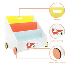 Load image into Gallery viewer, Amazon labebe kid bookshelf wood small book storage for 1 5 year old 3 shelf bookcase for bedroom book display case white for girl boy 3 tier mobile bookrack with wheels low square book cabinet fox