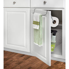 Load image into Gallery viewer, Storage organizer 10 5 in x 12 in x 5 75 in sturdy steel construction durable portable and versatile over the cabinet dual towel bar and bottle organizer in chrome for your kitchen bathroom laundry