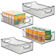 Load image into Gallery viewer, Shop here mdesign wide stackable plastic kitchen pantry cabinet refrigerator or freezer food storage bin with handles organizer for fruit yogurt snacks pasta bpa free 14 5 long 4 pack smoke gray