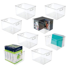 Load image into Gallery viewer, Featured mdesign plastic storage container bin with carrying handles for home office filing cabinets shelves organizer for school supplies pens pencils notepads staplers envelopes 8 pack clear