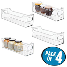 Load image into Gallery viewer, Heavy duty mdesign slim stackable plastic kitchen pantry cabinet refrigerator or freezer food storage bin with handles organizer for fruit yogurt snacks pasta bpa free 14 5 long 4 pack clear