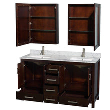 Load image into Gallery viewer, Online shopping wyndham collection sheffield 60 inch double bathroom vanity in espresso white carrera marble countertop undermount square sinks and medicine cabinets
