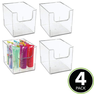 Results mdesign plastic open front bathroom storage organizer basket bin for cabinets shelves countertops bedroom kitchen laundry room closet garage 8 wide 4 pack clear