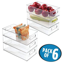 Load image into Gallery viewer, Home mdesign large stackable kitchen storage organizer bin with pull front handle for refrigerators freezers cabinets pantries bpa free food safe deep rectangle tray basket 6 pack clear