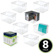 Load image into Gallery viewer, Kitchen mdesign plastic storage container bin with carrying handles for home office filing cabinets shelves organizer for school supplies pens pencils notepads staplers envelopes 8 pack clear