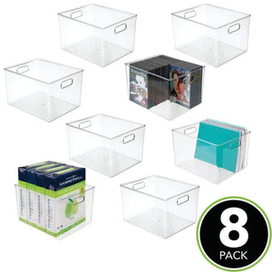 Kitchen mdesign plastic storage container bin with carrying handles for home office filing cabinets shelves organizer for school supplies pens pencils notepads staplers envelopes 8 pack clear