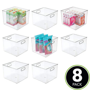 Amazon mdesign plastic food storage container bin with handles for kitchen pantry cabinet fridge freezer large organizer for snacks produce vegetables pasta bpa free 10 square 8 pack clear