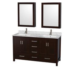 Load image into Gallery viewer, Heavy duty wyndham collection sheffield 60 inch double bathroom vanity in espresso white carrera marble countertop undermount square sinks and medicine cabinets
